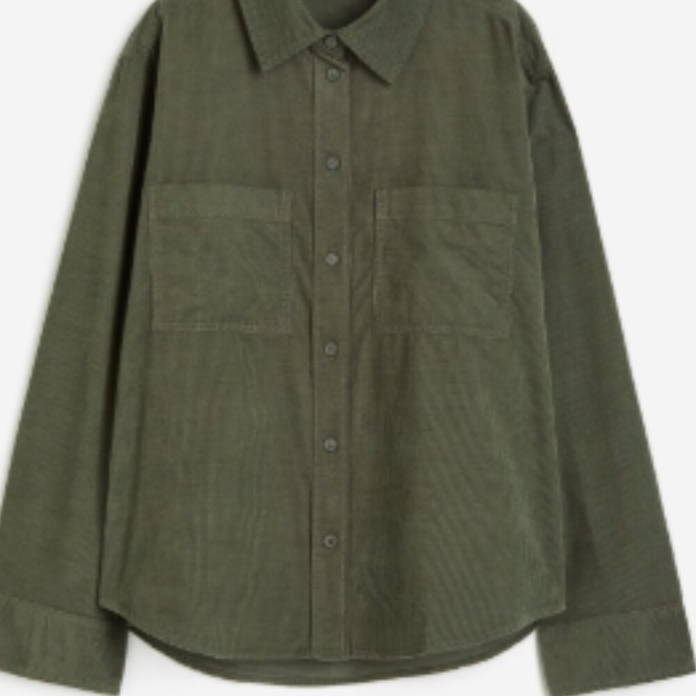 Zara Dark Green Corduroy Pattern Button Long Sleeve Shirt Size Medium NWOT